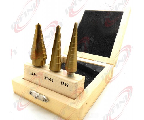 3PC Step Bit Set Titanium Nitride Coating UNI Bit Reamer Drill Bit Set New 